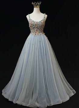 Picture of Blue Tulle with Flowers Straps Long Evening Dresses, Blue Prom Party Dress